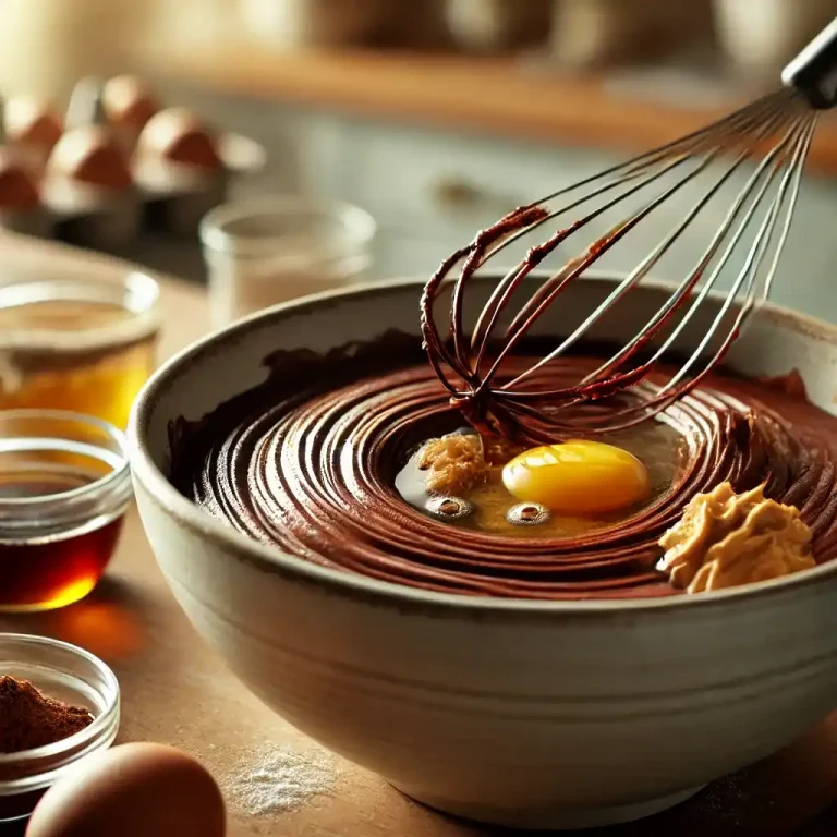 In a bowl, mix almond butter, cocoa powder, maple syrup, eggs, and vanilla until smooth.