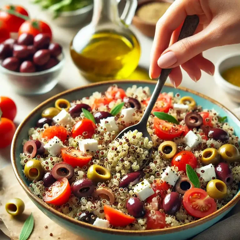 In a bowl, mix together the quinoa, diced tomatoes, olives, feta cheese, and 1 tbsp olive oil.