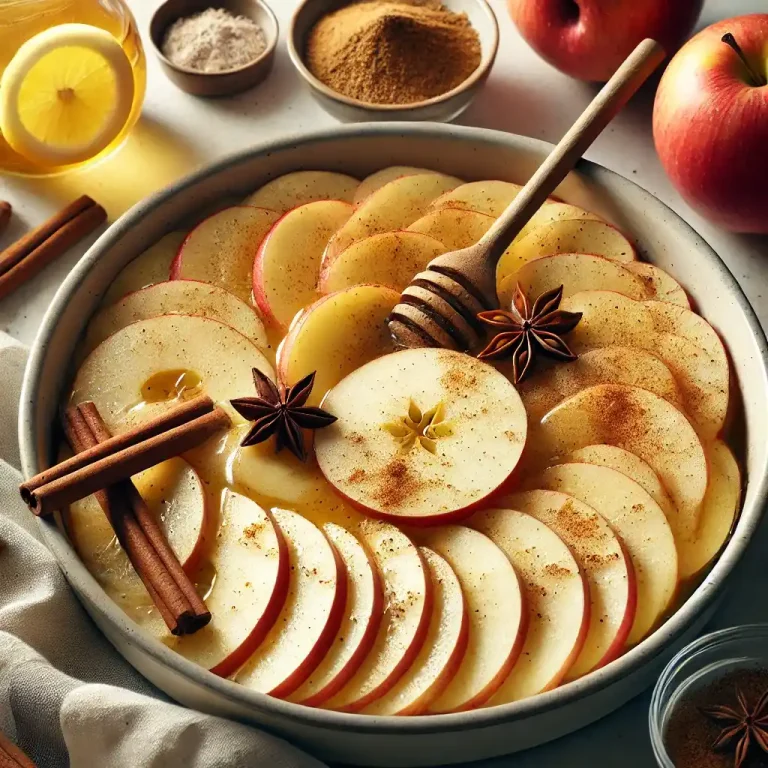 In a bowl, toss the apple slices with lemon juice, cinnamon, and nutmeg, then layer them evenly in the baking dish.