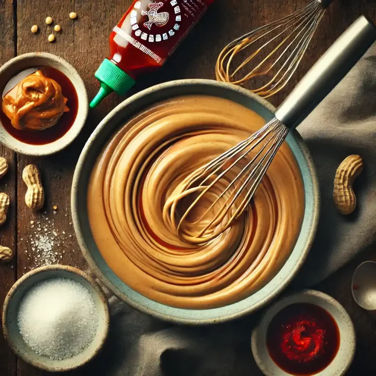 In a bowl whisk together peanut butter soy sauce sriracha and a little warm water until smooth