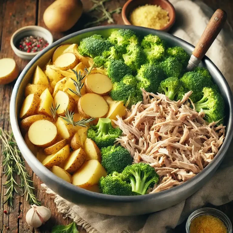 In a large bowl combine the roasted potatoes shredded chicken and broccoli florets