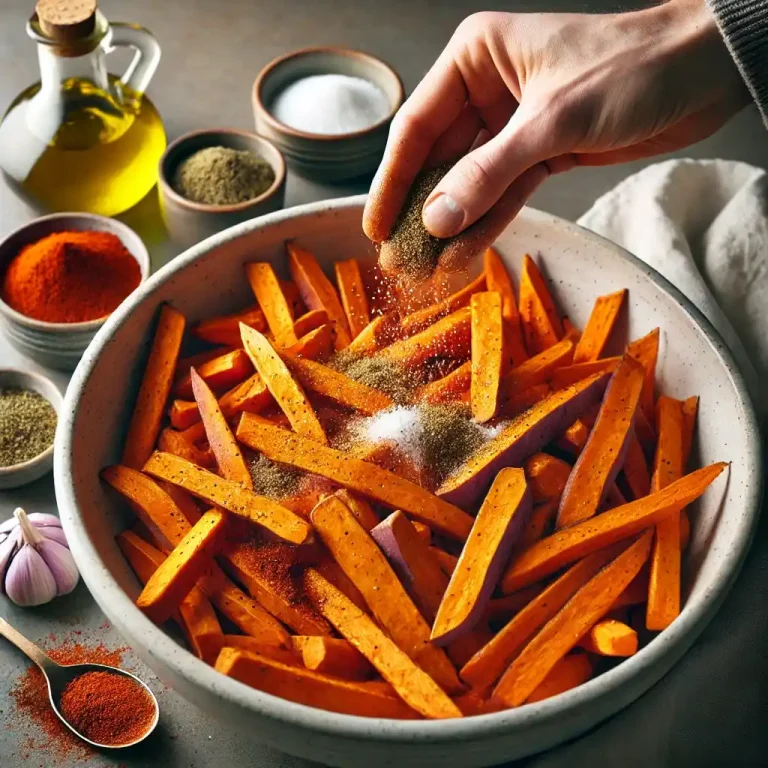 In a large bowl, toss the sweet potato fries with olive oil, paprika, garlic powder, salt, and pepper until evenly coated.