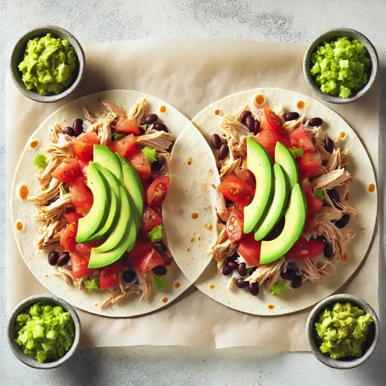 Lay the tortillas flat and evenly distribute the shredded chicken, black beans, diced tomatoes, and avocado slices.