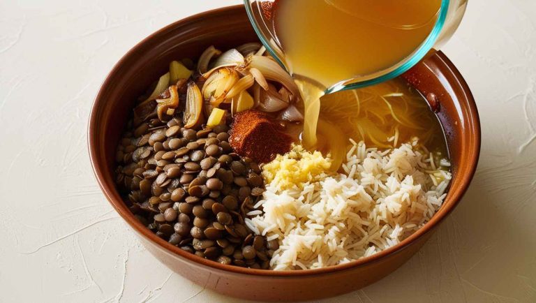 In a baking dish, combine the lentils, rice, sautéed onion, garlic, cumin, and paprika. Pour in the vegetable broth and stir to mix.