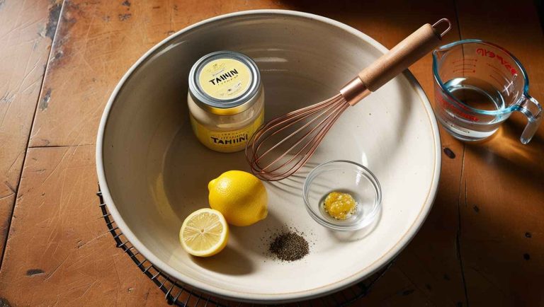 Prepare the dressing by whisking together tahini, lemon juice, salt, and pepper, thinning with water if needed.