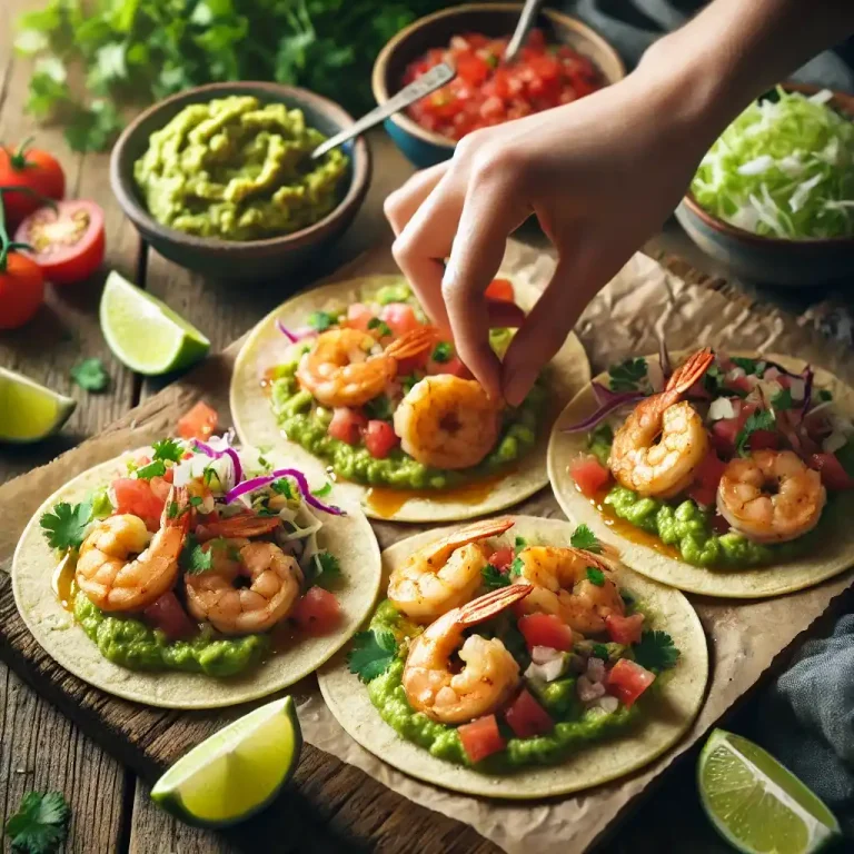 Place shrimp on tortillas, top with avocado salsa, diced tomatoes, and shredded cabbage