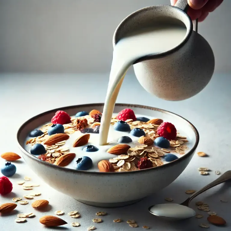 Pour the almond milk over the oats and toppings.