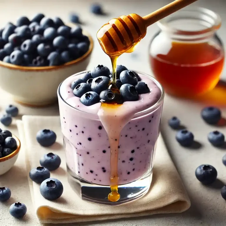 Pour the smoothie into glasses and garnish with fresh blueberries or a drizzle of honey.