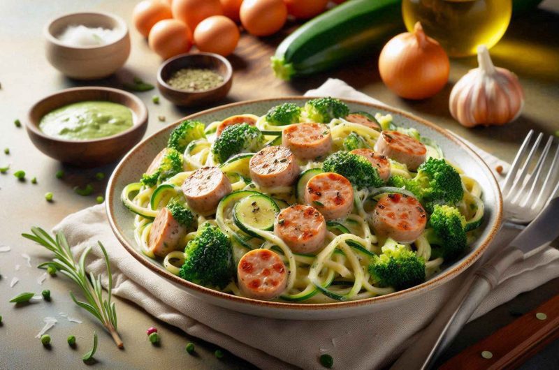 Quick Sausage Alfredo with Broccoli & Zucchini Noodles: A Low-Carb Dream