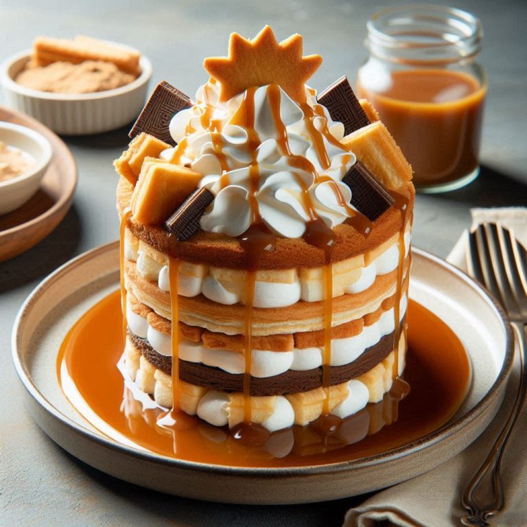 Repeat the layers until you reach the top of the dish End with whipped cream and a final drizzle of caramel