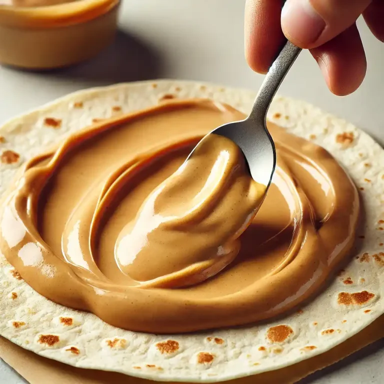 Spread a generous amount of the peanut sauce onto each tortilla.