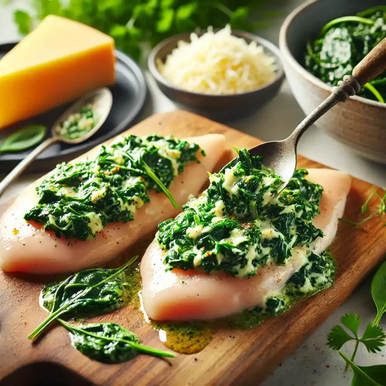 Spread a layer of sautéed spinach and cheese mixture onto each chicken breast