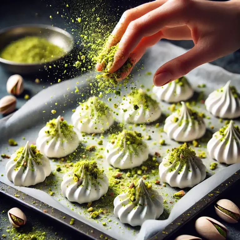 Sprinkle the crushed salted pistachios generously over each meringue