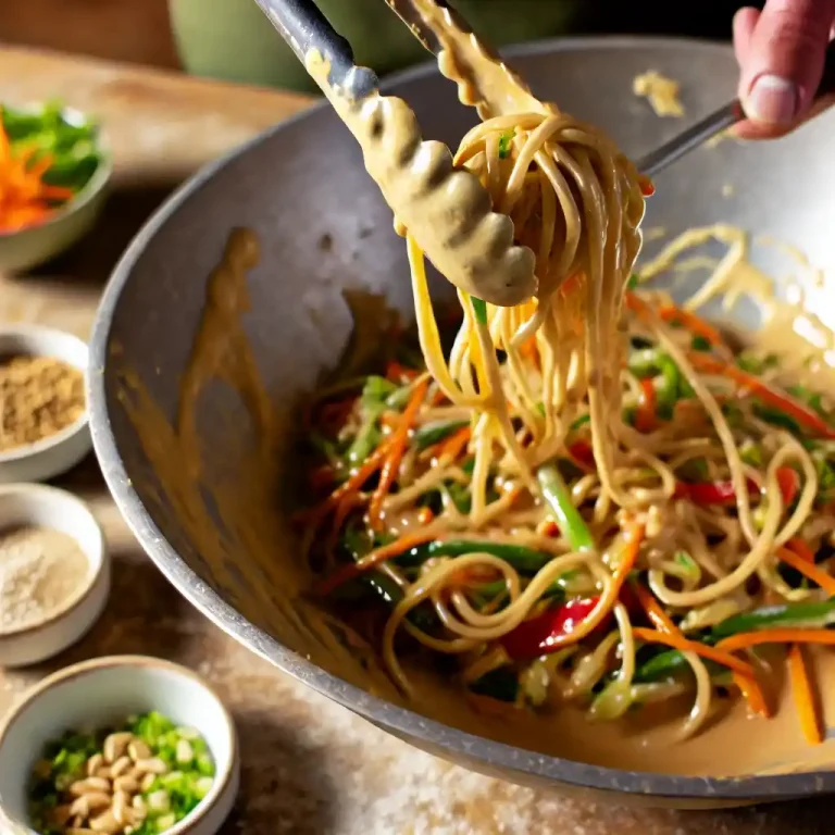 Toss noodles with the peanut sauce and stir fried veggies until everything is evenly coated