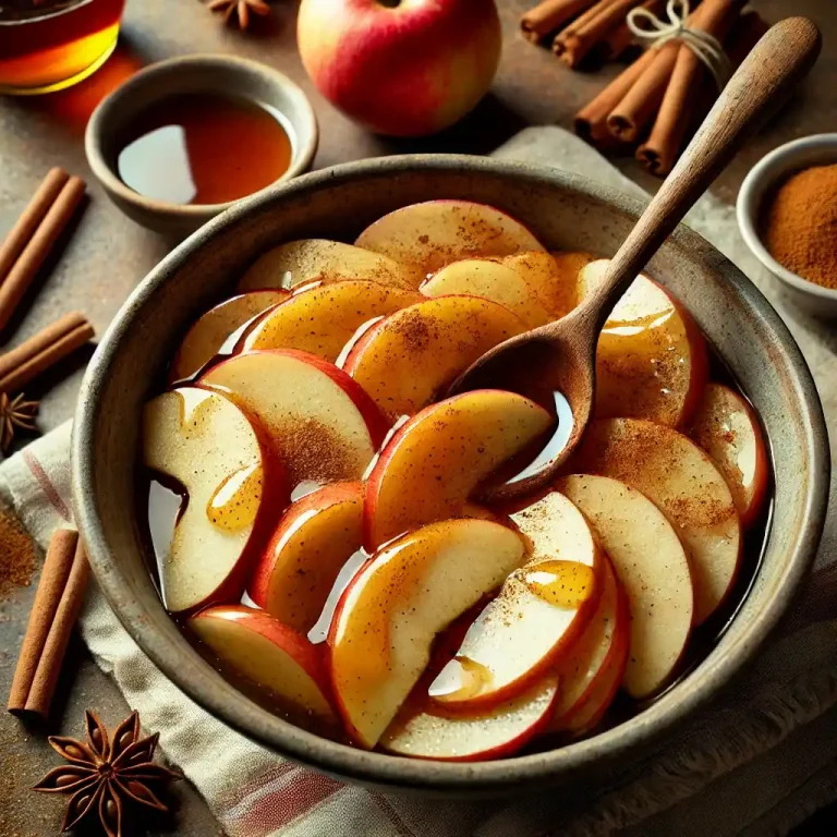 Toss the sliced apples with cinnamon and maple syrup, then arrange them evenly in the dish.