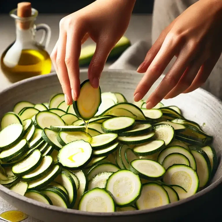 Toss zucchini slices in olive oil, ensuring they’re evenly coated