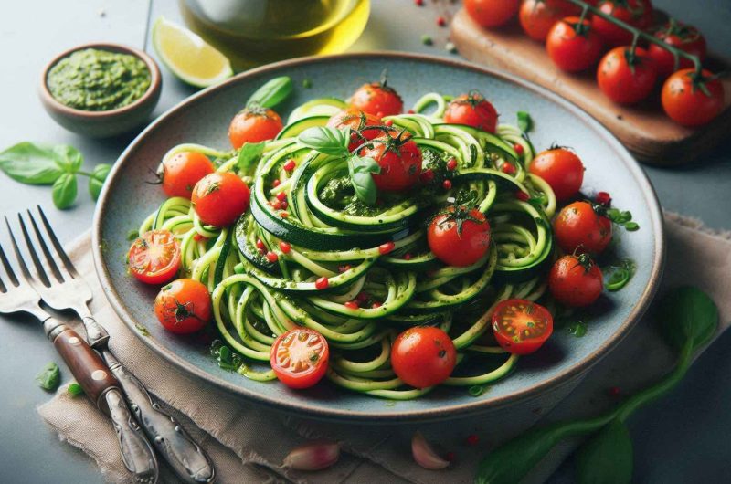 Zucchini Noodles with Pesto and Cherry Tomatoes