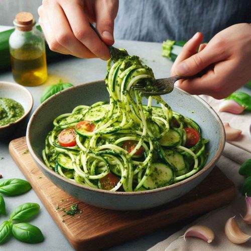 Zucchini Noodles with Pesto and Grilled Shrimp Recipe