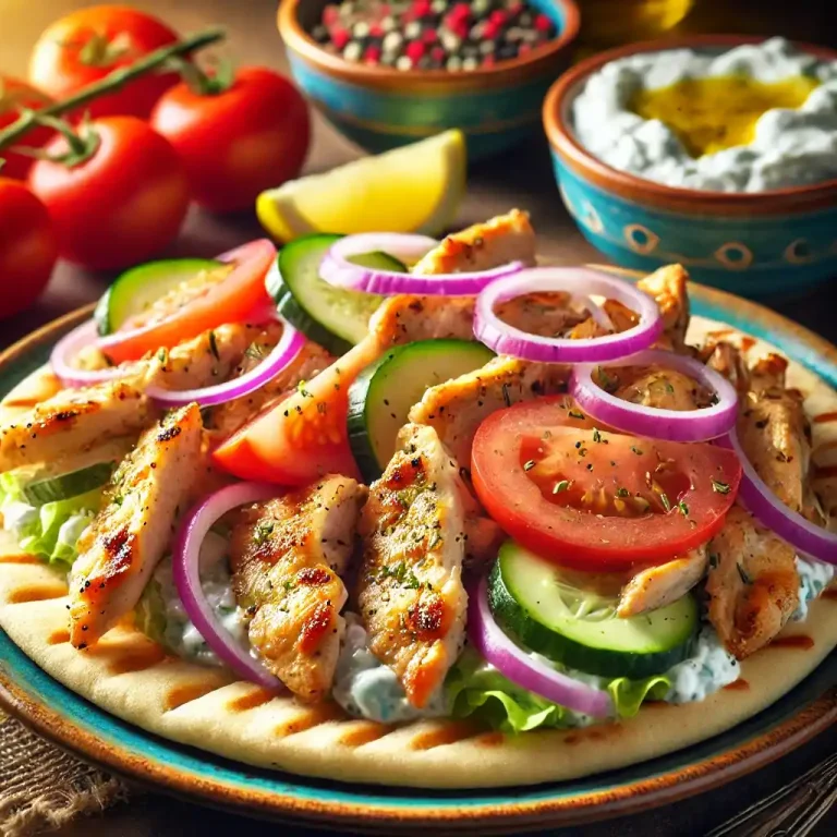 Assemble the gyros by placing the chicken on the pita and topping with tomatoes, cucumbers, red onions, and a drizzle of tzatziki sauce.