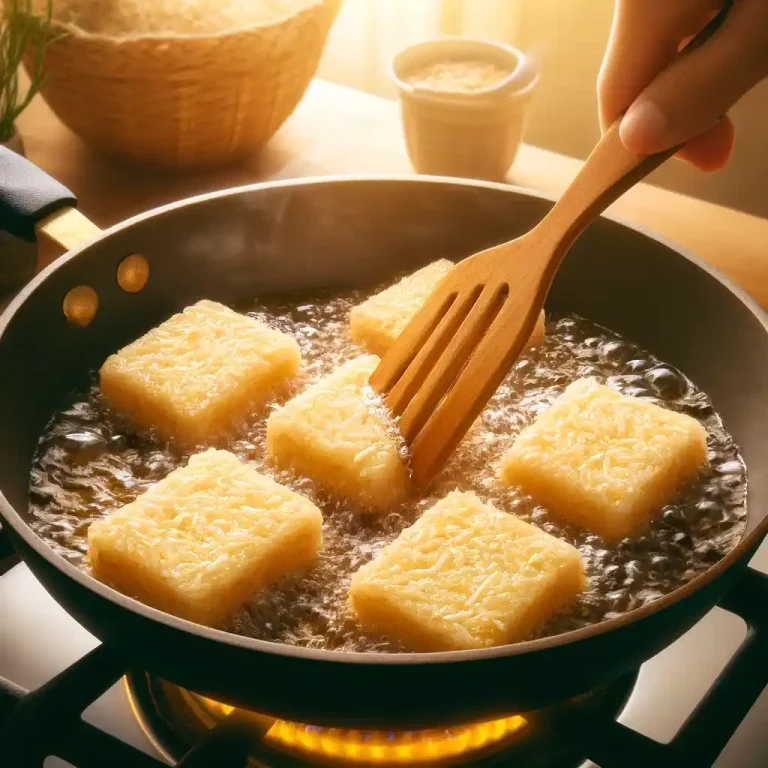 Heat oil in a pan over medium heat and fry the rice rectangles until golden and crispy on both sides.