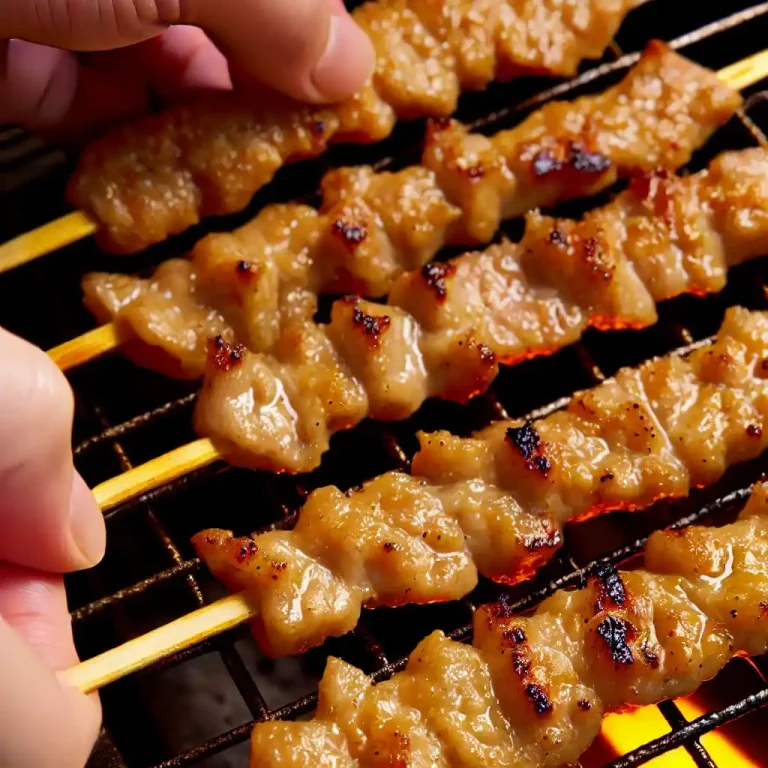 Thread the marinated pork strips onto skewers and grill for 5-7 minutes on each side until golden and cooked through.