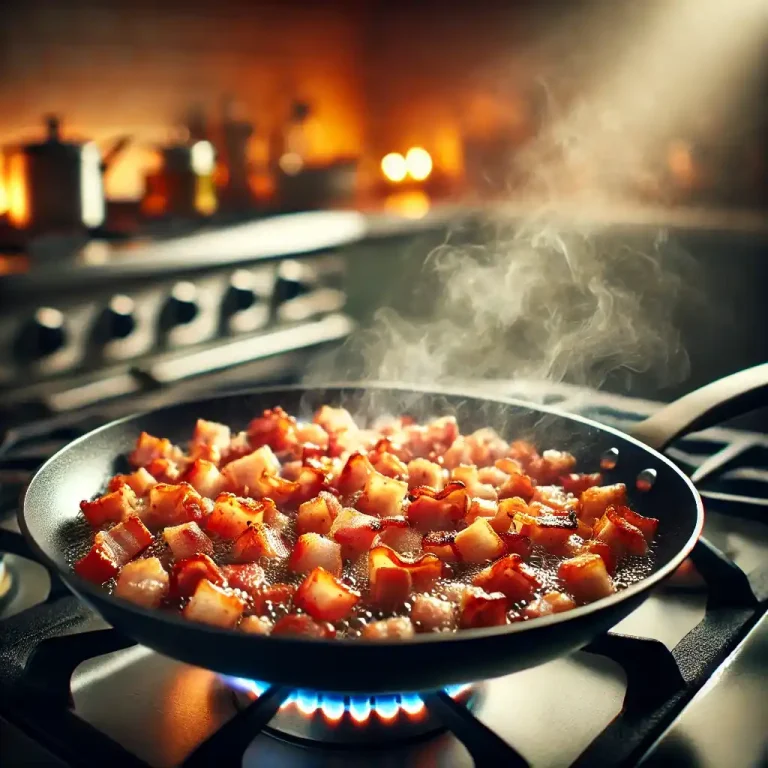 DALL·E 2024-11-03 22.27.40 - A skillet on a stove with diced pancetta being cooked over medium heat until crispy. The pancetta pieces are sizzling and have a golden-brown color, w (1)