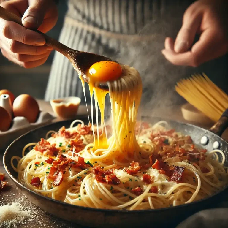 Combine cooked spaghetti and pancetta in the skillet. Pour the egg mixture over and toss quickly, adding reserved pasta water as needed to create a creamy sauce.