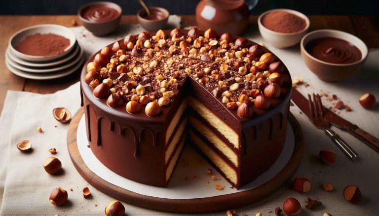 Assemble the Cake: Once the cake has cooled, slice it in half horizontally. Spread a layer of hazelnut praline over the bottom layer of cake. Place the second layer of cake on top, then pour the chocolate ganache over the top of the cake, allowing it to drip down the sides. Sprinkle the remaining praline on top for added crunch.