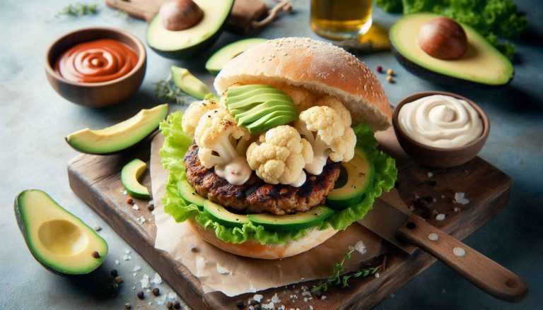 Assemble burgers with buns, cauliflower steaks, lettuce, avocado slices, and a dollop of vegan mayo or sauce.