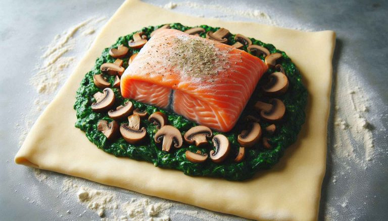 Assemble the Wellington: Roll out the puff pastry on a floured surface. Spread the spinach-mushroom filling in the center, then place the salmon fillet on top, seasoning it lightly.