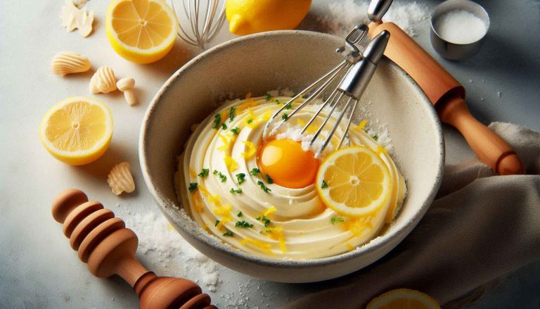 In a mixing bowl, cream together the butter and sugar. Add the eggs, lemon zest, and juice, and mix until combined.