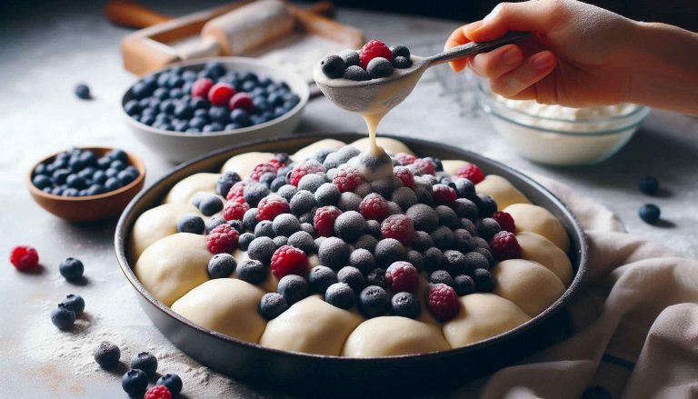 Drop spoonfuls of dough over the berries, covering them as much as possible.