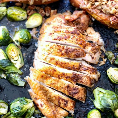 Roasted Turkey Breast, Sweet Potato with a Pecan Streusel Topping, and Perfectly Cooked Brussel Sprouts! 🙌