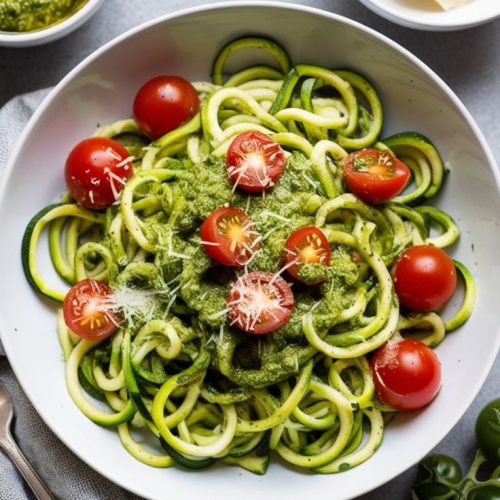 zucchini noodle dish with a creamy avocado pesto sauce.