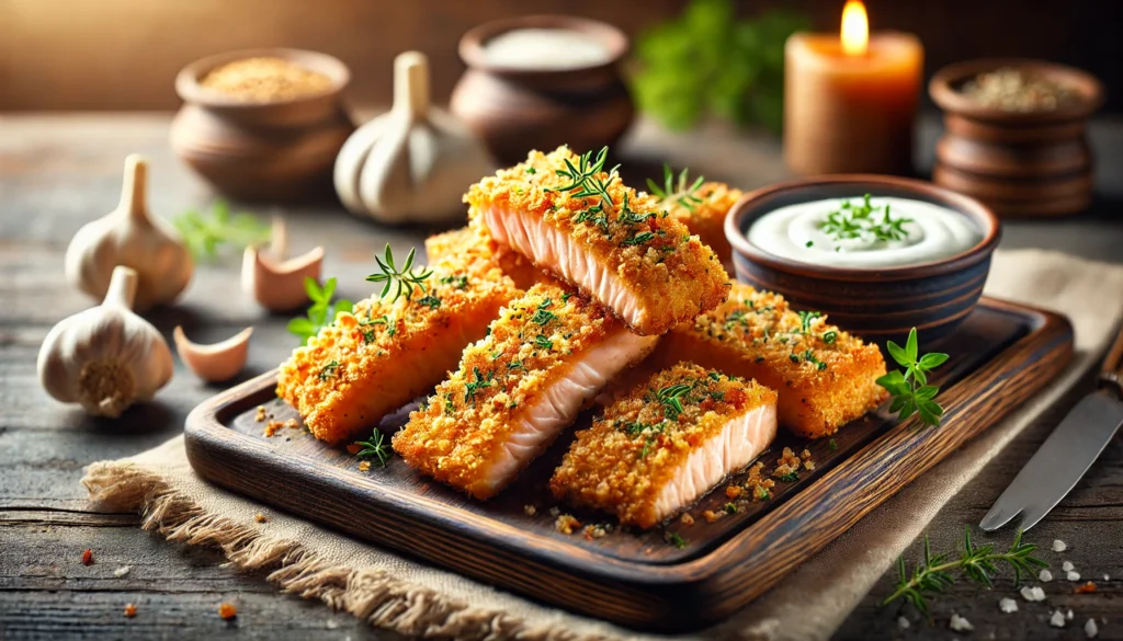 Recipe Title: Fried Garlic Parmesan Salmon Bites