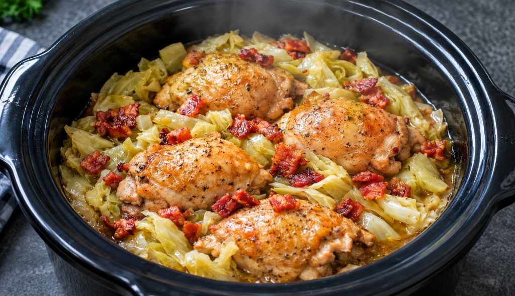 Slow-Cooker Crispy Bacon Braised Cabbage and Chicken Thighs