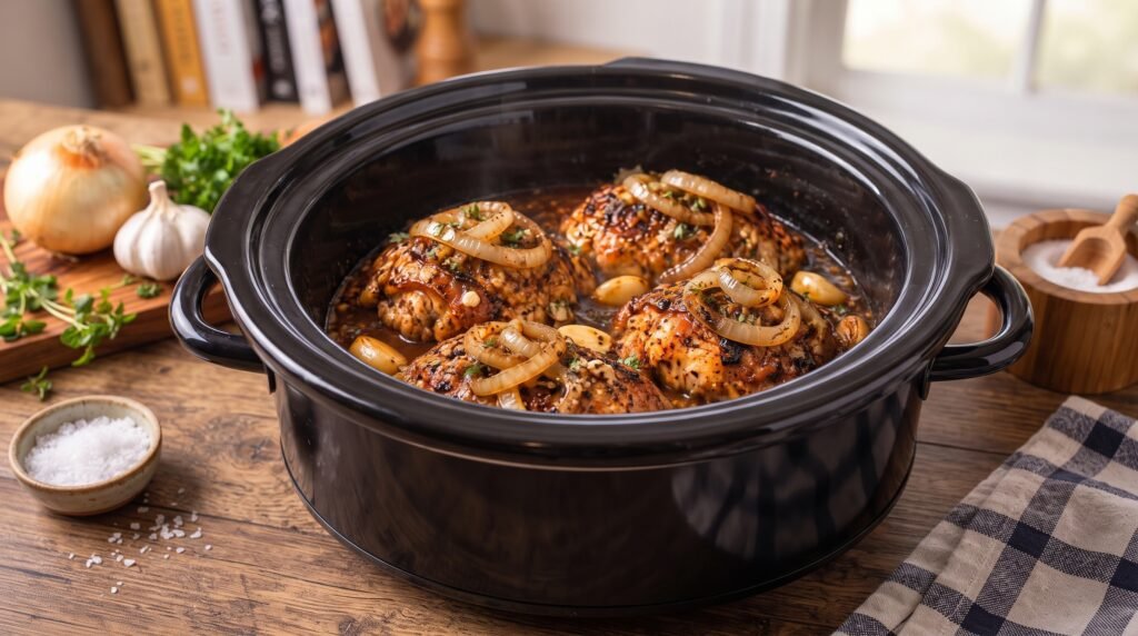 Slow-Cooker French Onion Garlic Herb Chicken Thighs